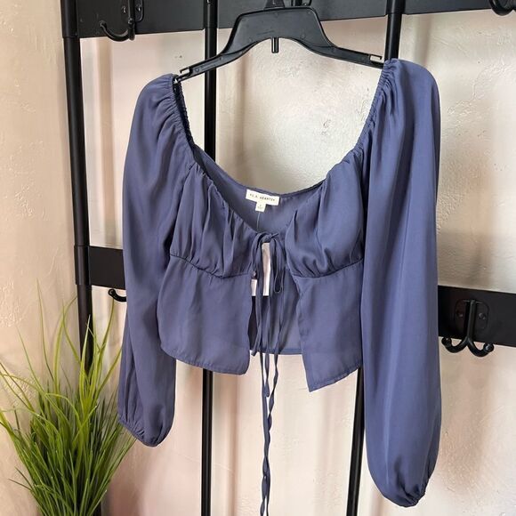 LA Hearts Pac Sun Tie Front Satin Long Sleeve Top blue size small - Picture 8 of 16